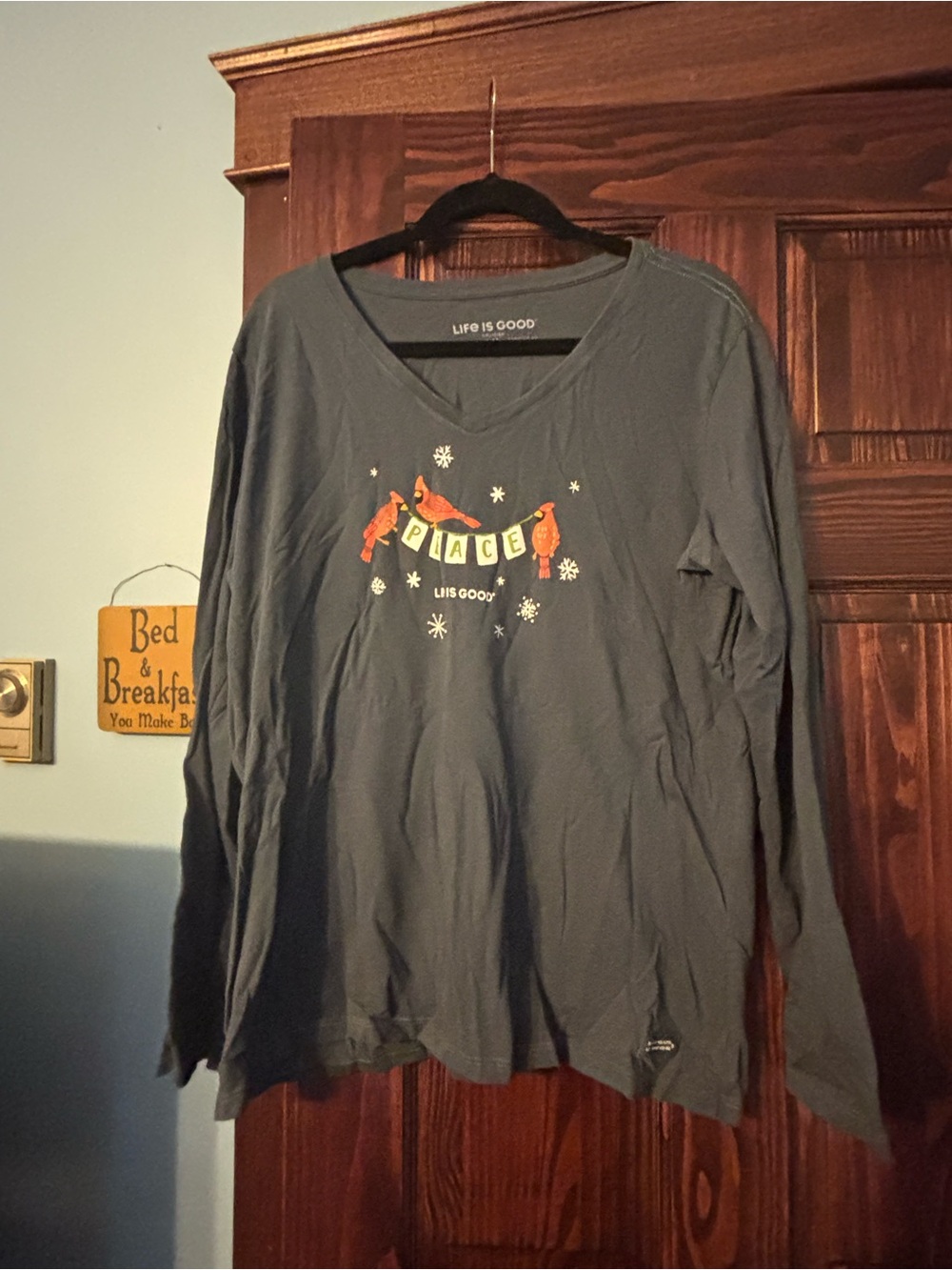 Life Is Good Slate Blue Long-Sleeve V-Neck with Cardinal Peace Graphic